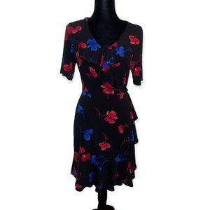 The Limited Black Blue & Red Floral Faux Wrap Dress, Size S
